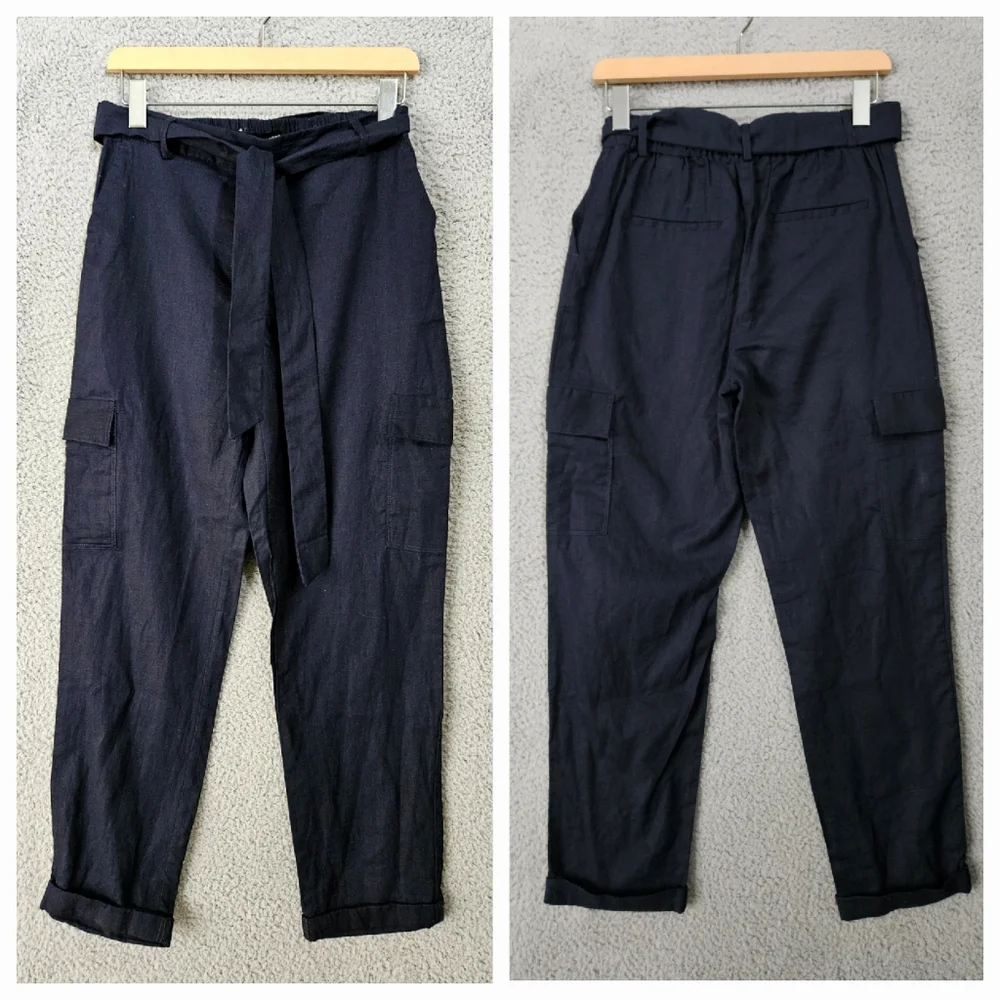 Zara Navy Blue Linen Roll-Up Cargo Pants XS Cropped High Rise Tie Belt Women's